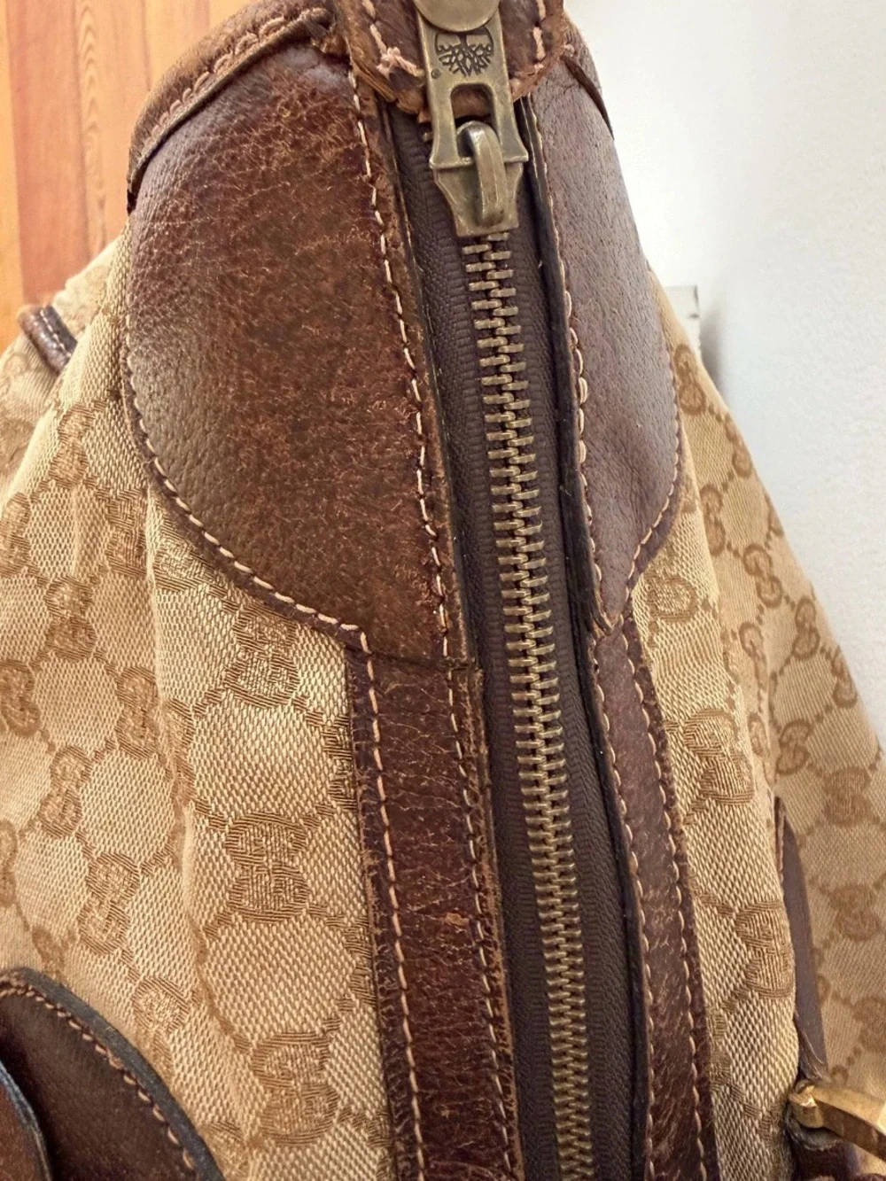 Gucci Beige Monogram Canvas Duffel with Brown Leather Trim